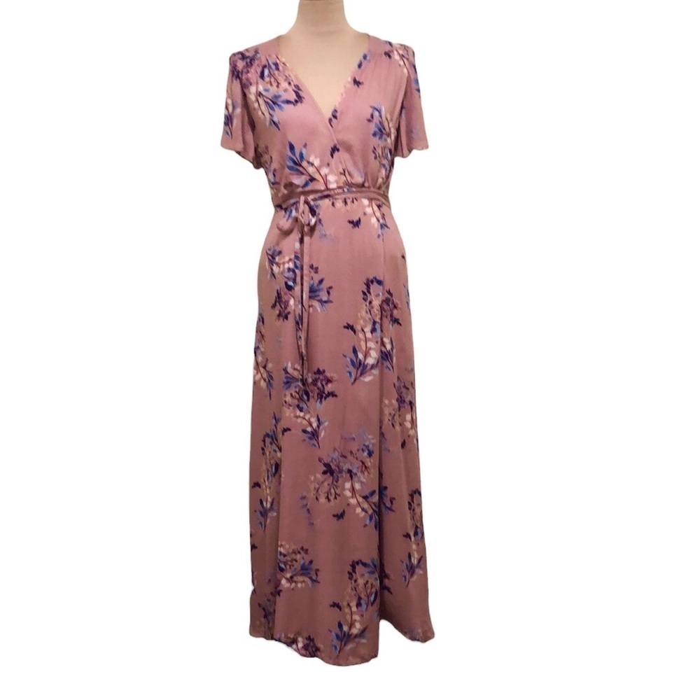 Lulu’s Fiorire Rose Floral Print Wrap Maxi Dress Size Small Mauve Pink